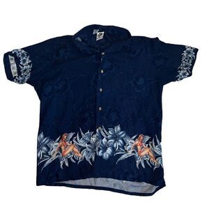 Kennington Hawaiian Shirt Size Large Bikini Girl Floral Graphic Button Down Blue